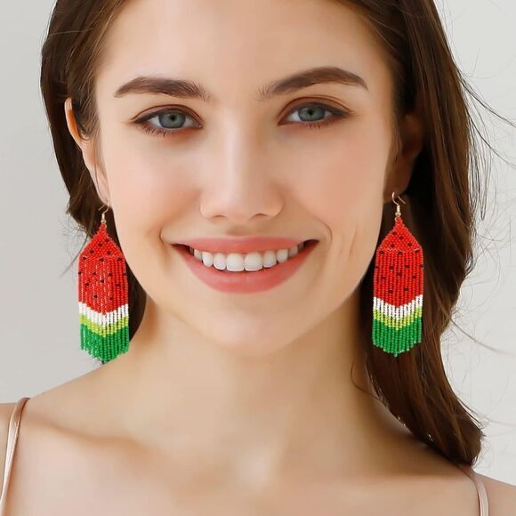 Watermelon Boho Seed Bead Tassel Dangling Statement French Wire Hook Earrings - Picture 5 of 8